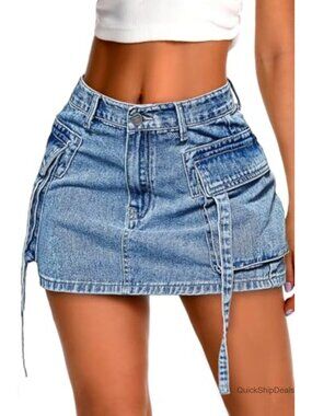 Y2K High Stretch Denim Cargo Mini Skirt Low Waist with Pockets
